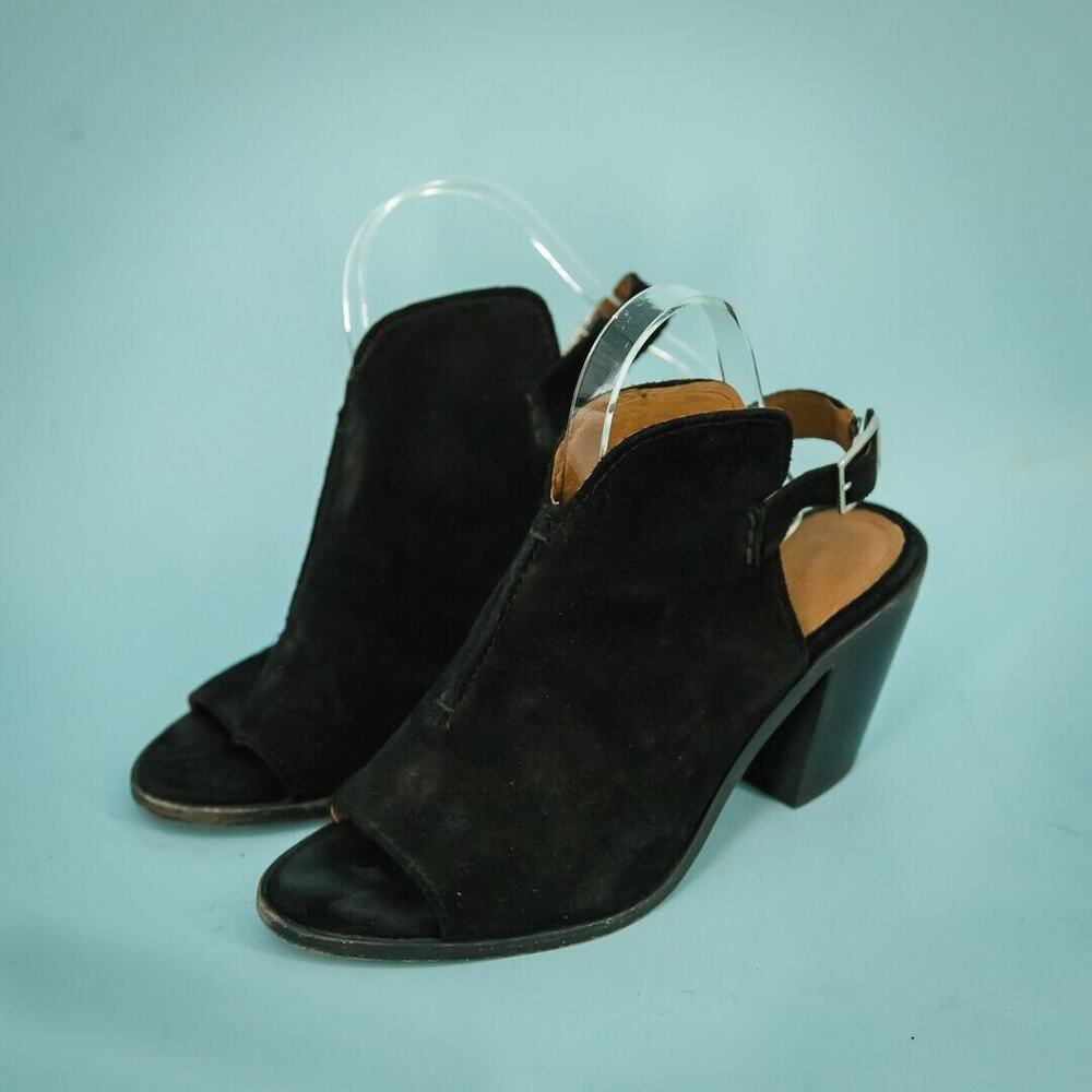 Frye Size 9.5 Courtney Black Suede Leather Slingback Peep Toe Sandals Booties